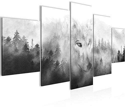 Runa Art Bild Schlafzimmer Wohnzimmer Wald Nebel 5 Teilig Wolf Schwarz Weiss Wandbilder auf Vlies Leinwand 033453c