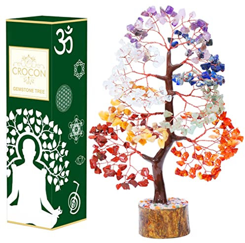 Crocon Sept Chakra Pierre Arbre Fil de Cuivre Feng Shui Argent Bonsaï Bonne Chance Chakra Guérison Cristaux Décoration de la Maison Richesse Prospérité Cadeau Taille: 10'12