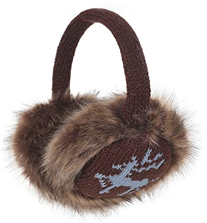 ZLYC Damen Mädchen Winter Druckdessiniert Kariert Ohrenschützer Ohrenwärmer aus Fauxfell (Elch Braun),Einheitsgröße
