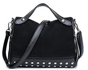 YAQUNICER Damen Retro Rivet Schulter Umhängetaschen Frosted Locomotive Handtaschen-Schwarz