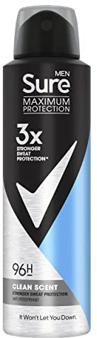 Sure Men Maximum Protection Clean Scent Anti-Transpirant Deospray mit 3x stärker* Schweißschutz Anti-Transpirant Deodorant Aerosol 96h Schutz gegen Schweiß und Geruch, 6 x 150 ml