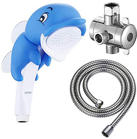 KAIYING Delphin - Soffione doccia per bambini, soffione doccia a mano per bambini, accessori da bagno, soffione doccia con supporto, tubo e valvola di deviazione