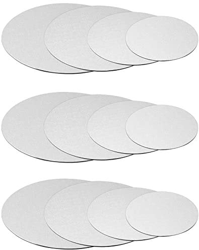 QWORK® 12 Piezas Base Redonda De Cartón para Tartas, 15, 20, 25, 30 cm, Base para Tartas, Cartón Plateado, para Bodas, Tartas De Cumpleaños, Fiestas En Casa