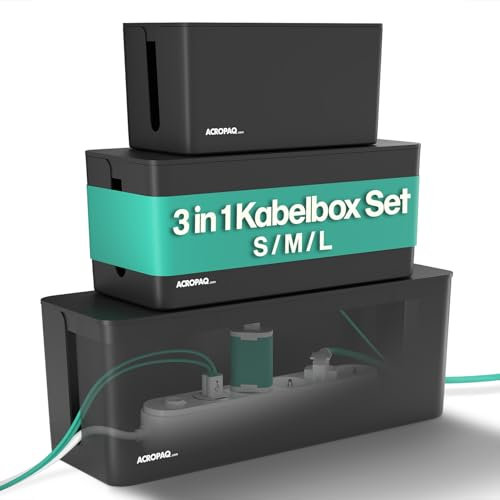 ACROPAQ Kabelbox 3 in 1 Set Schwarz, Kabel Organizer zum Kabel verstecken, Schreibtisch Organizer - Kabelmanagementbox für Ordnung im Büro und Home Office