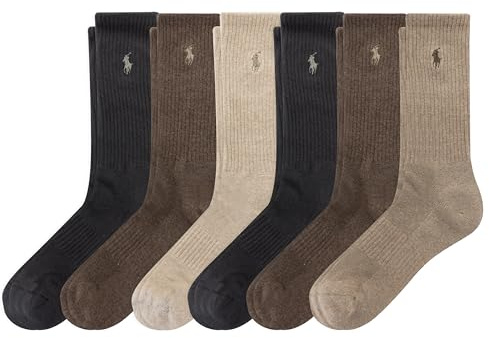 Polo Ralph Lauren Men's Classic Sport Performance Cotton Crew Socks 6 Pair Pack, Brown, Men's Shoe Size 6-12.5