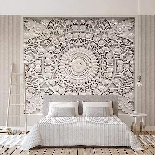 Fotomurale da Parete Fiori Di Gesso Bianco, Quadri Murali Stile In Rilievo Bianco, 450 x 315 cm Murales da Parete - per Decorazione della Parete della Sala da Pranzo