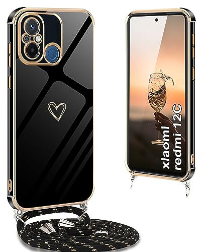 XCYYOO Handykette für Xiaomi Redmi 12C/11A Hülle mit Band,Handyhülle Xiaomi Redmi 12C/11A mit Kette Love Design Galvanik Silikon Stoßfest Schutzhülle mit Kordel zum Umhängen Kameraschutz,Schwarz