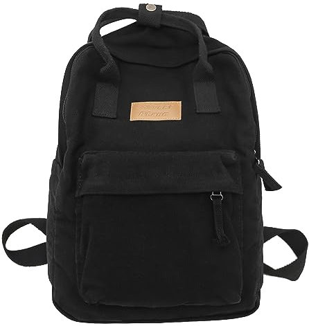 TeeYee Canvas Rucksack Damen Backpack mit Griff Große Kapazität Mädchen Daypack Schulrucksack mit Mehre Fächer schwarz