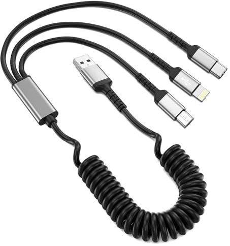 Sprialkabel Multi USB Kabel [50-150CM], 3 in 1 Universal Ladekable iP Micro USB Typ C für Phone14 /13/12 / 11 /iPad/AirPods, Samsung Galaxy S23 S22 S21, Huawei, Kindle