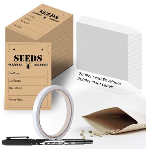 PopManko 4 sobres de semillas y etiquetas de plantas, pequeños sobres marrones para semillas con etiquetas de plantas de plástico y bolígrafo para plantas al aire libre, sellado adhesivo, paquetes de