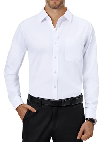 Alimens & Gentle Mens Dress Shirts 4-Way Stretch Long Sleeve Collared Casual Solid Wedding Dating Button Down Shirt White