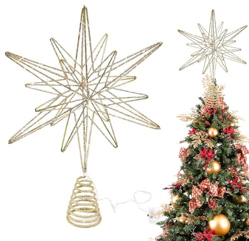 Puntale per albero di Natale Puntale per albero di stelle illuminato, luci a LED da 32 cm Ornamenti per puntale per albero di stelle con glitter dorati Arte in metallo per decorazioni natalizie