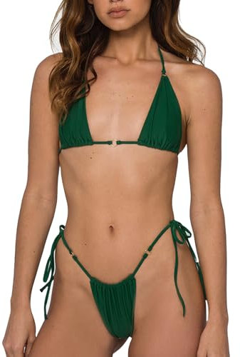 LUNNTE Damen Bikini Set Tanga Bikini Badeanzüg Push Up mit Dreieck Cup Spaghetti Zweiteilige Badebekleidun (Dunkelgrün,S)