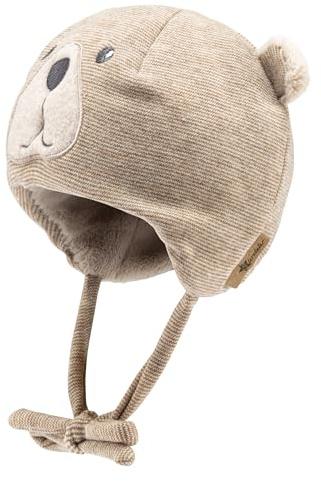 Sterntaler Mütze mit feinem Streifen und Applikation Bär - Jungen Beanie mit Ohrenklappen und Bindeband - warme Babymütze aus Mischgewebe, gefüttert mit Teddyflausch - rost, 49