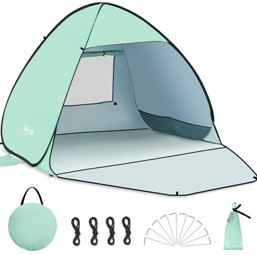 Glymnis Strandmuschel Pop Up Strandzelt Strand Zelt mit Reißverschlusstür UV-Schutz 50+ Windschutz kleines Packmaß Blau Strandzelt (Grün L/2-3person)