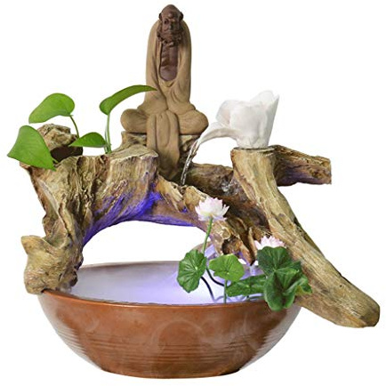 JKJZSALJ Zimmerbrunnen/Wasserbrunnen Buddha 20,5 Hoher Zimmerbrunnen Keramikharz Totholzzweige Wasserdekorationsbrunnen Zen Wohnzimmer Büro Befeuchtungszerstäuber Perfekte Heimdekoration Tisch