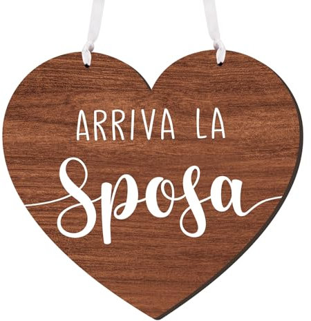 Targa Matrimonio Arriva la Sposa Cartello Cuore in Legno Matrimonio per Paggetti e Damigelle con Nastro Decorazione Bomboniere Regalo Matrimonio Nozze Promessa