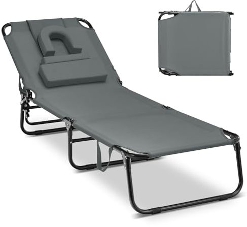 COSTWAY Tumbona Plegable XXL 63X194X37cm, Respaldo Reclinable en 5 Posiciones, 2 Posiciones de Pierna, 3 Cojines Extraíbles, Tela Oxford, Tumbona Jardin Exterior Playa Piscina, Carga 160kg (Gris)