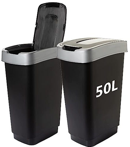 LIVINJA Duo Mülleimer Küche 2 Fächer 50L - Geruchsdicht Doppel Abfalleimer mit Schwingdeckel, 2er Set 50 Liter, 60x45x34 cm, Robust Recycelbarer Kunststoff, Schwarz/Silber, Made in EU