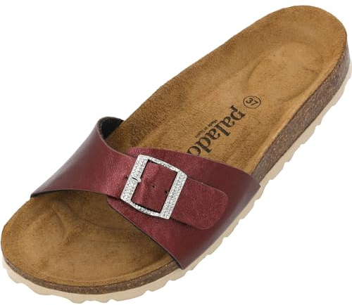 Palado Pantoletten Damen Malta Metallic SQS - elegante Sandalen Made in Spain - bequeme Hausschuhe mit Kork-Fußbett - modische Sommerschuhe Bordeaux UK7 - EU40