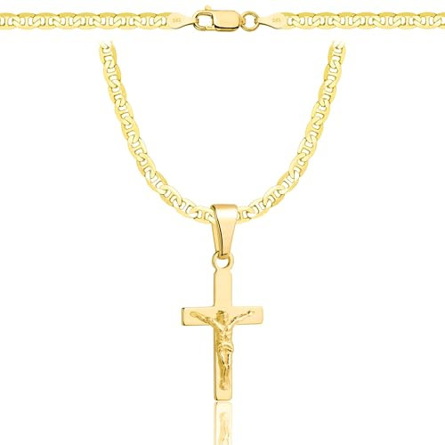 AMAR OPRAVA Gold Damen/Herren Kette mit einem 925/585 Kreuz, original geflochten, Breite 3,8 mm, Goldkette- Halskette, kreuz kette gold 585, 45 cm