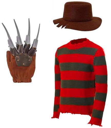 Krüger Pullover Kostüm Set für Erwachsene mit Hut Handschuh Grün Rot Gestreifter Pullover Gruseliger Horror Film Halloween Cosplay Outfit (XL)