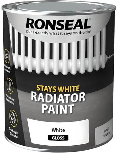 AMK® Ronseal One Coat Radiator Paint Gloss 750ml Stays White Heat Resistant For All Radiators Resists Scuffs & Scratches Touch Dry in 30 Minutes
