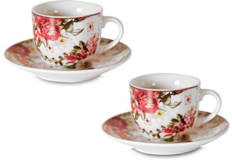 ARCA, Set 2 Tazze da The con Piattino Victoria, in Porcellana Bianca Decorata, Adatto a Lavastoviglie e Microonde, Capacità 90 ml, 11x6 cm