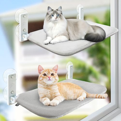 GUUSII HOME 2PCS Hamaca Cama Gato Ventana Percha con Ventosa Fuerte para Gatos Plegable Hamacas Colgante Grande de Interior Alfombra Reversible 52 * 30cm hasta 23kg Fácil de Instalar (Gris, M)