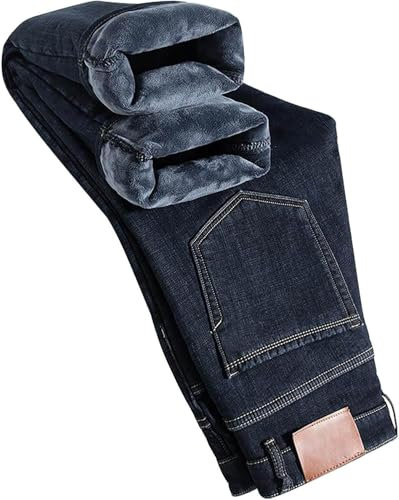 Jeans Imbottiti Caldi Invernali da uomo Jeans Larghi Vestibilità Jeans Foderati in Pile Pantaloni da Lavoro Gamba Dritta Jeans a vita Alta Jeans Caldi Magri Jeans Elasticizzati (Blu scuro,34)