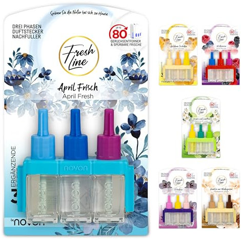 FRESH LINE® Duftstecker Nachfüller 3er Pack (3x7ml) – 3-Phasen-Wechsel – komp. zu 3VOLUTION – Lufterfrischer – 6 Düfte: Wildbeeren, Jasmin Limetten, Aprilfrisch, Goldene Orchidee, Vanille, Orchideen