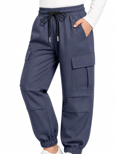 JiAmy Girls Cargo Joggers Parachute Trousers Multi Pocket 7-8Y, Navy Blue