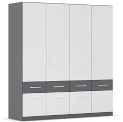 Rauch Möbel Dundee, Kleiderschrank, Schrank, Garderobe, Organizer, 4-türig, 8 Schubladen, Farbe Weiß/Grau metallic, Schwarz, Stangengriff Weiß, 181x197x54cm