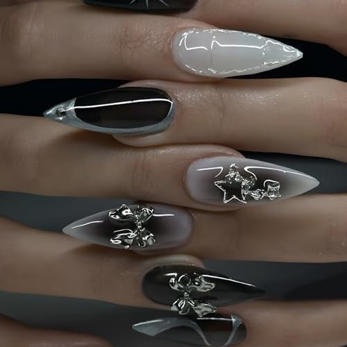 Black White French Press on Nails Medium Almond, 24Pcs Acrylic Full Cover Fake Nails Stiletto Glossy False Nails with Star Butterfly Designs, Reusable Artificial Stick on Nail for Women and Girls