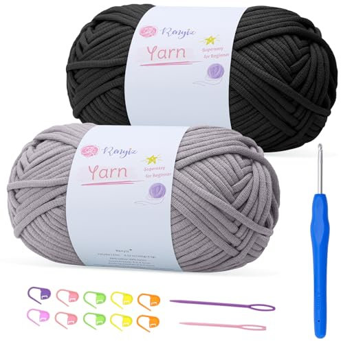 100gx2 Chunky Cotton Crochet Yarn with 4mm Hook, Soft Non-Split Thick Yarn for Amigurumi DIY Gifts, Home Decor, Beginner Projects (Charcoal Grey+Silver Grey)