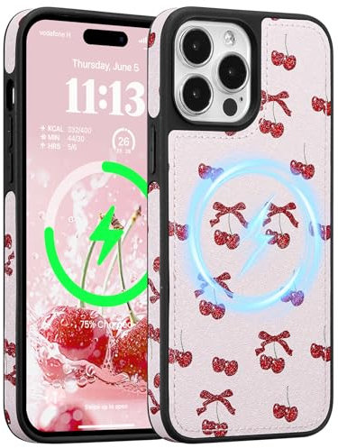 ZCDAYE Case for iPhone 16 Pro Compatible with Magsafe, Leather Cute Printed Phone Case Aesthetic Pattern for Women Girls, Durable Bumper Shockproof Phone Cover for iPhone 16 Pro,Cherry Bow