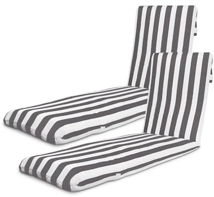TIENDA EURASIA – Cojin Tumbona Exterior | Pack de 2 | Algodón y Poliéster | Relleno de Fibra Acolchada | Funda de Tela Lavable con Cremallera | Medidas 180 x 50 x 6 cm | Diseño a Rayas (Gris)