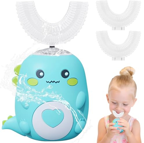 Kinderzahnbürste Elektrisch, 360° Automatische Ultraschall Elektrozahnbürste, Ultraschall Zahnbürstemit 3 U-förmigen Silikonbürstenköpfen,mit LED, Dino Zahnbürste Elektrisch für Alter 2~6 Jahre (Grün)