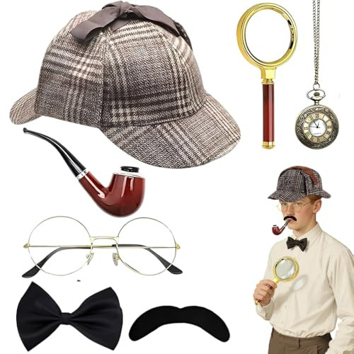 KUWUNG 7 Stück Detektiv Kostüm Zubehör Set, Sherlock Holmes Kostüm Accessoires mit Detektivhut Metallbrille Lupe Herrenfliege Bart, Detektiv Cosplay Requisiten für Kinder Erwachsenen