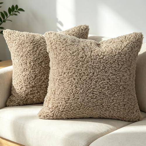 OYIMUA Weich Flauschig Deko Kissenbezug 50x50 Braun 2er Set | Bouclé Sherpa Sofakissen,Dekokissen Couchkissen Plüsch Kissen,Wohnzimmer Schlafzimmer Deko Kissenhülle