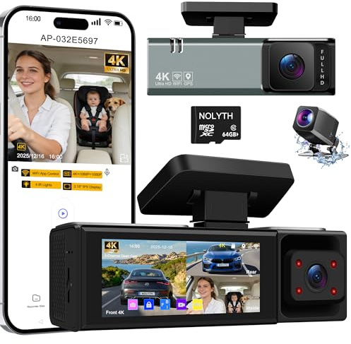 NOLYTH 3 Channel Dash Cam: 4K Front + 1080P Interior/Rear Dashcam with 64GB Card 5G Wi-Fi App Control Night Vision G-Sensor Car Camera for Baby/New Drivers