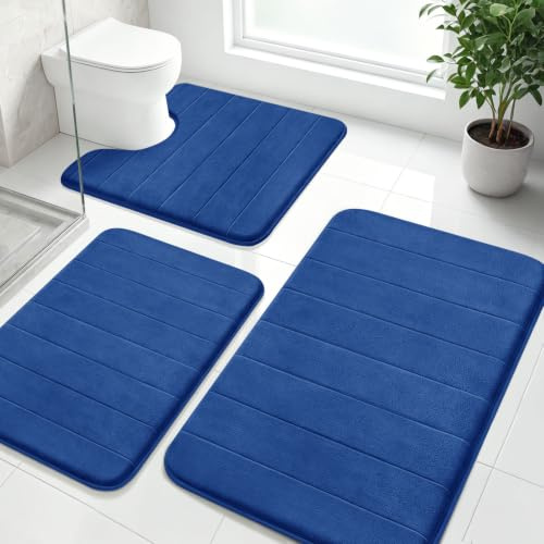 wiipara Badezimmerteppich Set 3 Teilig, Badteppich & WC Vorleger, Blau | Dicker Memoryschaum, Rutschfeste Badvorleger, Saugfähig, Waschbar, Schnelltrocknend für Bad, Modern Badematte