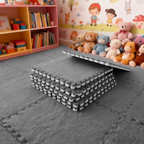 12 Stück Teppichboden Schaumstoffmatte, Plüsch Teppichfliesen, Ineinandergreifender Wohnzimmer Memory Foam Teppich (Grau)