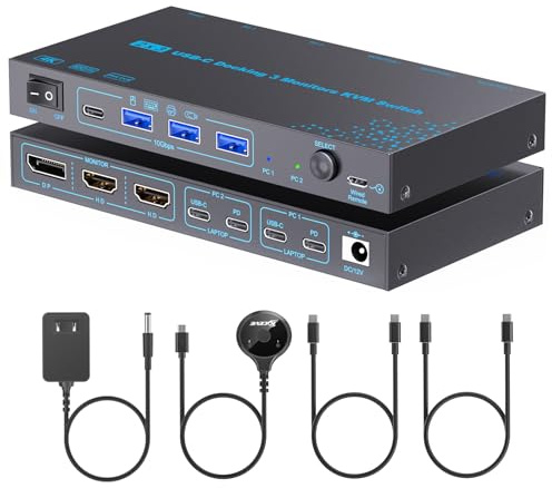 KVM Switch 3 Monitors 2 Laptops 4K@60Hz, USB C KVM Switcher with PD Charging Function for 2 Computer Share 3 Display (2 HDMI + 1 DP), No Driver Required