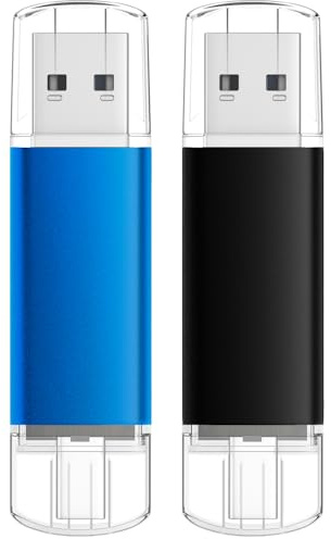AreTop Lot de 2 clés USB C 2.0 de 4 Go - Double clé USB 2 en 1 portable de type C - Compatible avec iPhone 16/15, smartphone Android, ordinateurs, MacBook, tablettes, PC (noir et bleu)