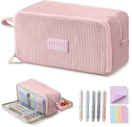 COZCLAM Federmäppchen aus Cord, 3 Fächer, große Kapazität, Rosa | Mäppchen mit Stiften und Haftnotizen, Geräumiges Schulmäppchen mit Reißverschluss für Mädchen, Teenager, Schule, Büro &Alltag