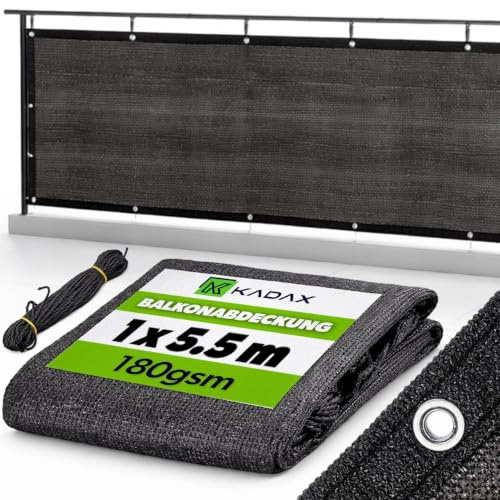 KADAX Balkon Sichtschutz 5 x 1 m, 180 g/m², Balkonverkleidung aus PE, Zaunblende, Windschutz für Balkongeländer & Zaun, Balkonbespannung mit Ösen & Schnur (Schwarz)