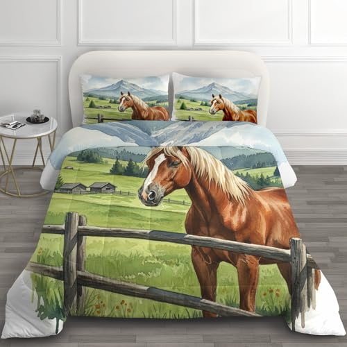GEDAEUBA Bettdecke 135x200 Pferde - Pferdemotiv Bauernhoftiere Deko, 4 Jahreszeiten Bettdecken 135 x 200, Steppdecke Ohne Bezug Nutzbar, Warme & Weiche Ganzjahresdecke mit 1 Kissenbezug