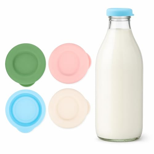 4 Pcs 48 mm Silicone Milk Bottle Tops - For 1 Litre UK Glass Bottles | Snug Seal Helps Prevent Spills And Fridge Odours, Four Colours For Easy Sorting, Dishwasher-Safe, Not For 1 Pint Bottles