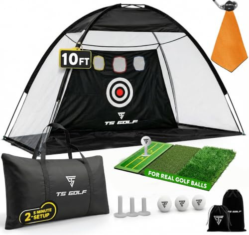 TS GOLF - Golf Practice Net Bundle | with Active Track Golf Mat | XL Tri-Turf Driving Net for Garden, Upgraded High Tenacity Knotless Net, 3 Golf balls, 3 Rubber Tees, Carry Bag, 10x7ft
